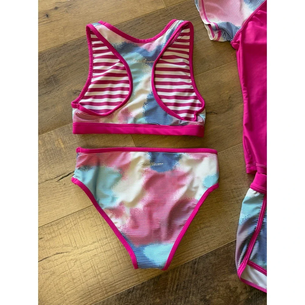 Eddie Bauer Girls 4-Piece Swimsuit Set Rash Guard Bikini Shorts Size 7/8